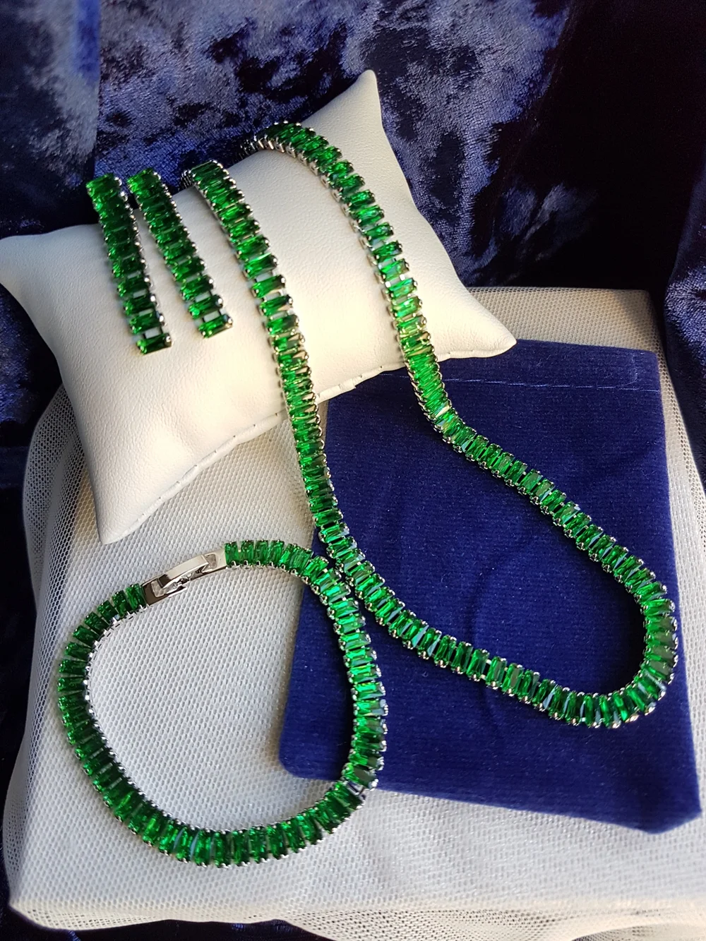 Swarovski Elements Silver Emerald Green Emerald-cut Baguette Tennis Necklace NEW